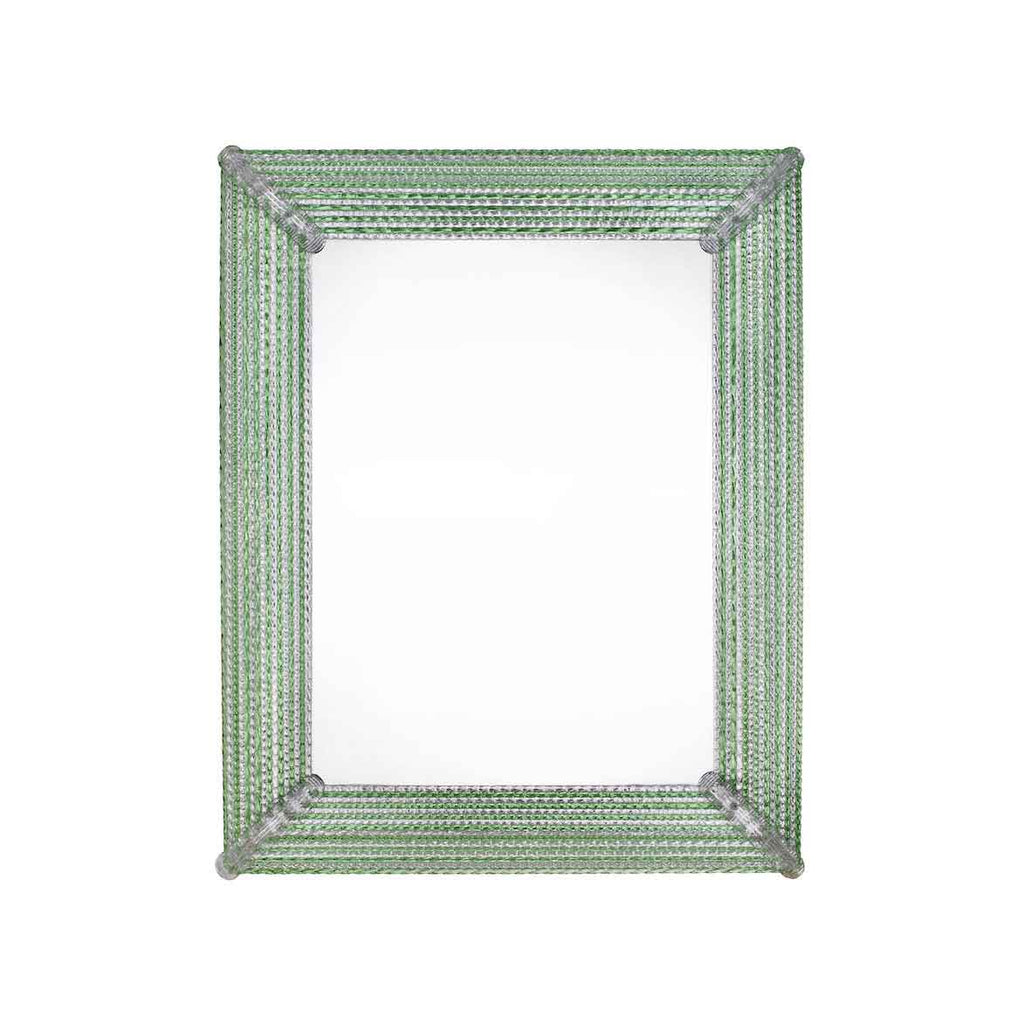 Specchio Veneziano rettangolare con canne ed elementi in vetro di murano, di colore verde/cristallo su fondo argento
