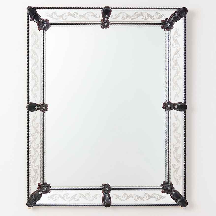 specchio veneziano da parete rettangolare, fatto a mano con incisioni a mano e fiori, foglie e canne in vetro di murano nero e cristallo su fondo argento