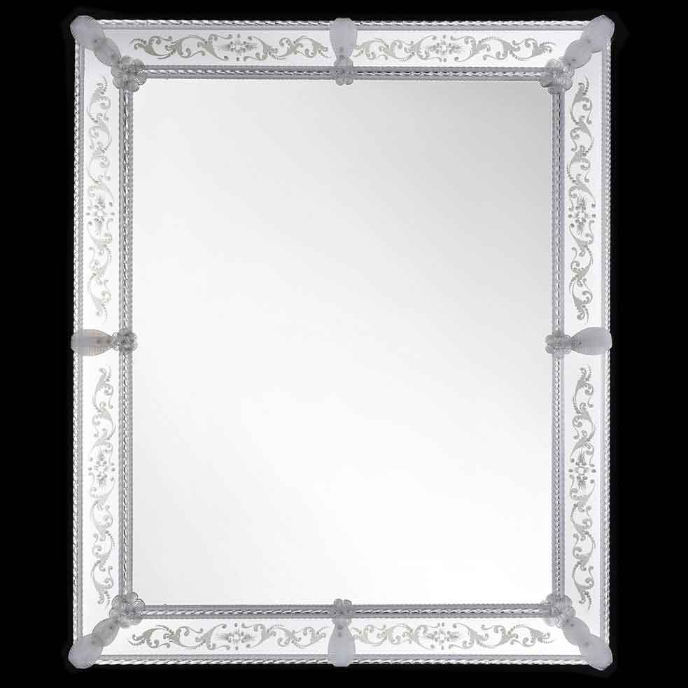 specchio veneziano da parete rettangolare, fatto a mano con incisioni a mano e fiori, foglie e canne in vetro di murano cristallo su fondo argento