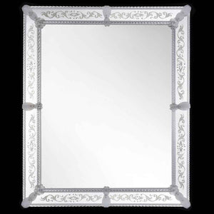 specchio veneziano da parete rettangolare, fatto a mano con incisioni a mano e fiori, foglie e canne in vetro di murano cristallo su fondo argento