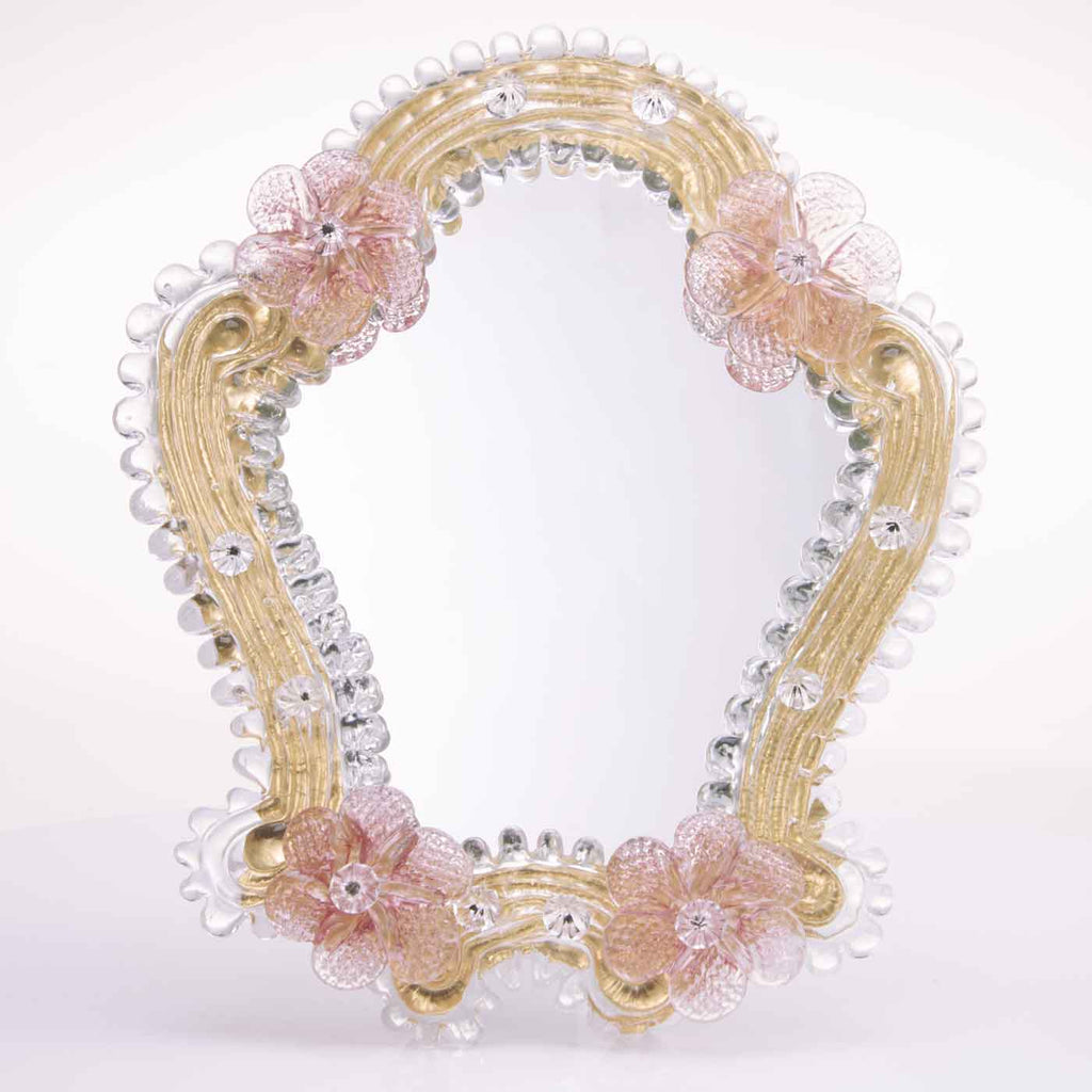 Elegante specchio artigianale da tavolo "Dafne" con riflessi Oro e dettagli floreali di colore rosa