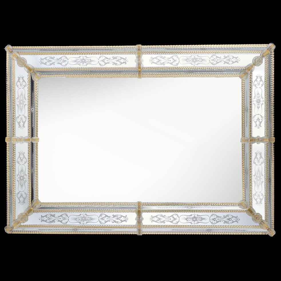 specchio veneziano rettangolare inciso a mano, con canne in vetro di murano colore oro e cristallo, fiori e foglie in colore cristallo-oro su fondo argento.