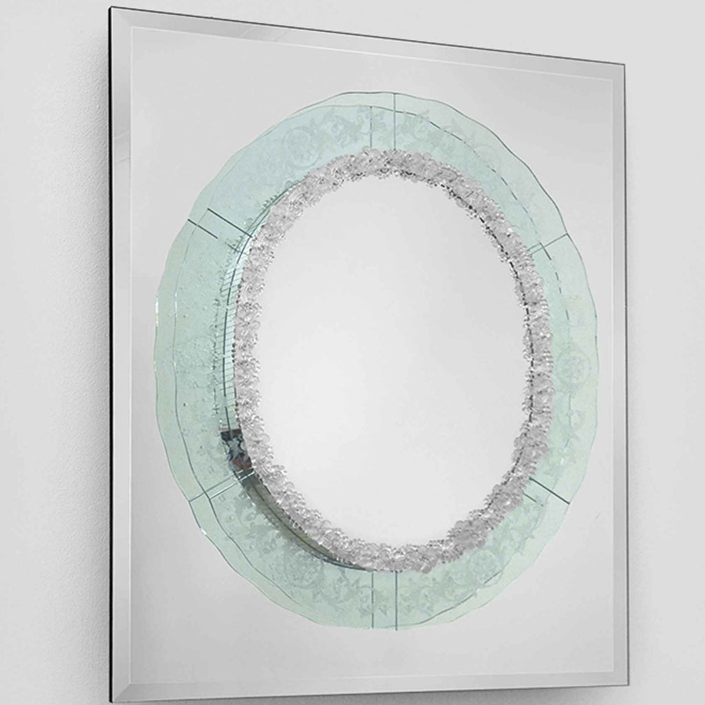 specchio veneziano lavorato a filo lucido, con lastra di vetro trasparente sospesa su lastra specchiata