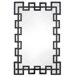 specchio rettangolare molato con fasce di vetro specchiato nero, molate e bisellate