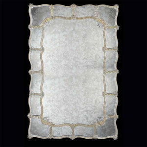 specchio veneziano rettangolare con lastra anticata, canne a torsè, fiori e foglie in vetro di murano cristallo su fasce laterali sfumate in colorazione argento