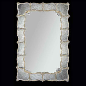 specchio veneziano rettangolare con canne a torsè, fiori e foglie in vetro di murano cristallo su fasce laterali sfumate in colorazione argento
