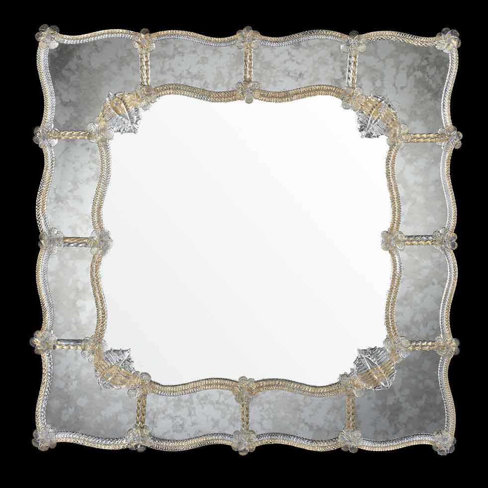 specchio veneziano quadrato con canne a torsè, fiori e foglie in vetro di murano cristallo su fasce laterali sfumate in colorazione argento