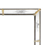 Load image into Gallery viewer, angolo di specchio veneziano  con fasce incise a mano e canne, foglie e fiori in vetro di murano di colore cristallo e nero su fondo oro
