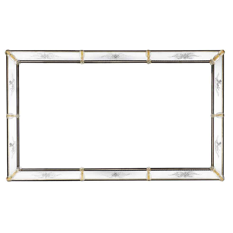 specchio veneziano rettangolare con fasce incise a mano e canne, foglie e fiori in vetro di murano di colore cristallo e nero su fondo oro