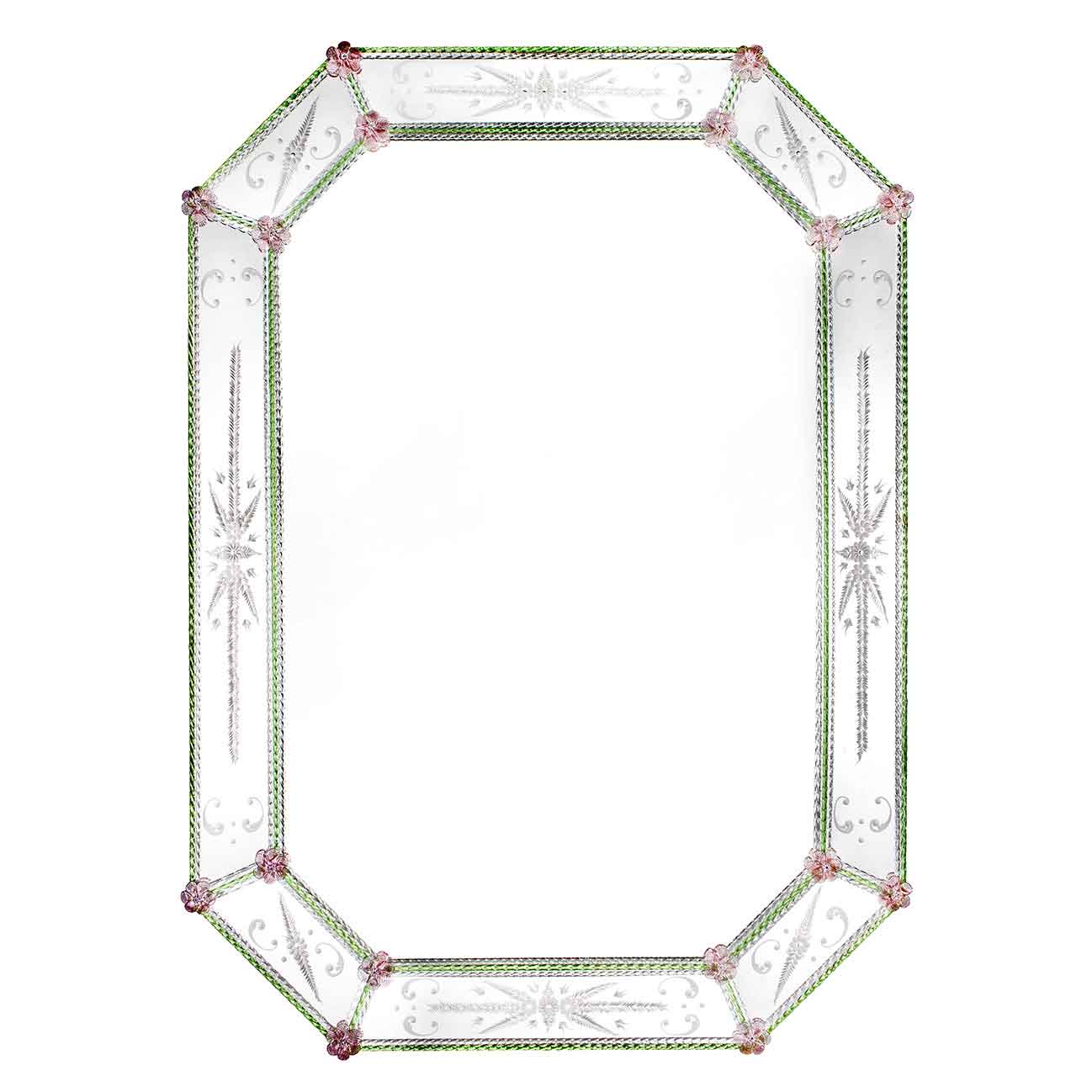 specchio veneziano ottagonale con fasce incise a mano, fiori e canne in vetro di murano di colore rosa e verde/cristallo su fondo argento