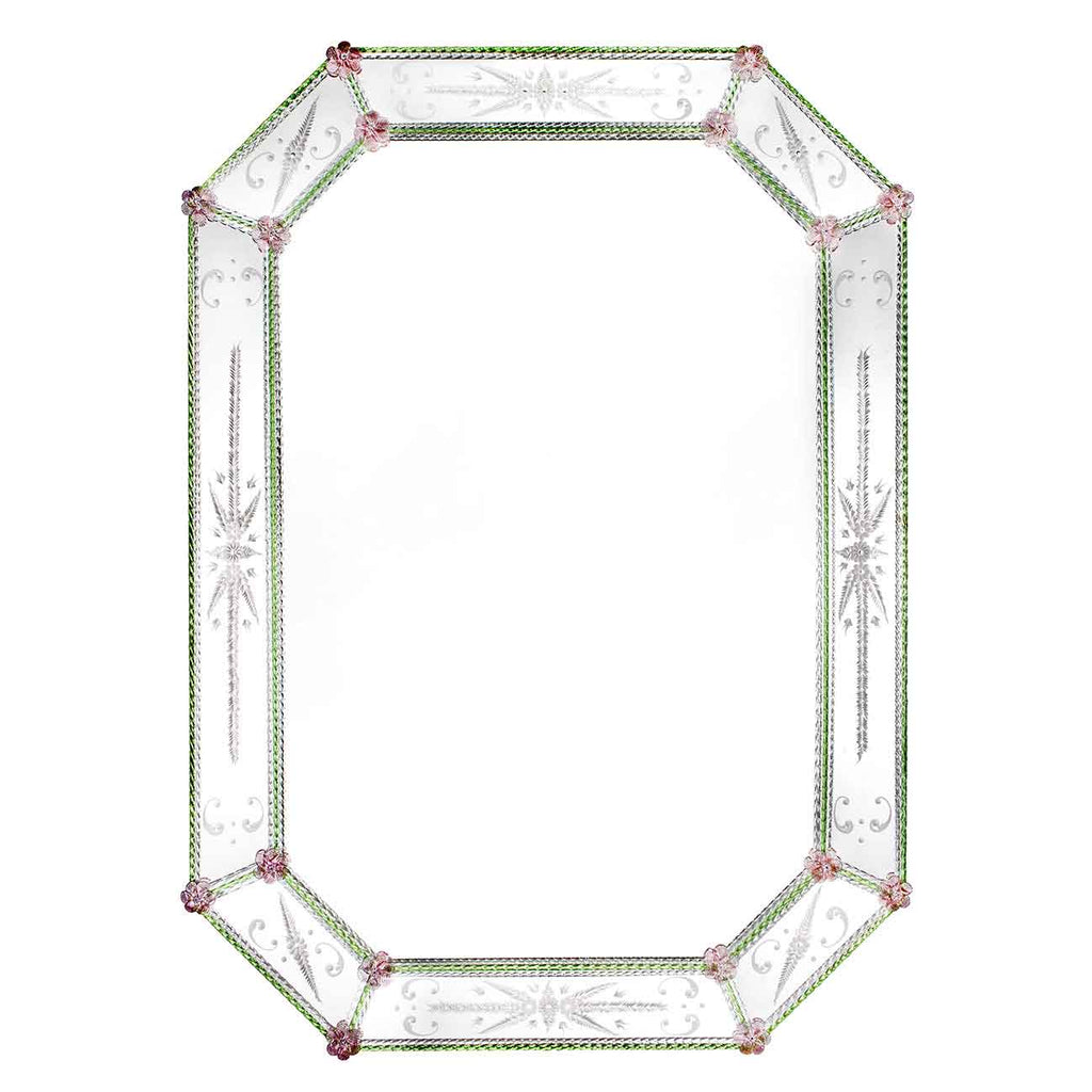 specchio veneziano ottagonale con fasce incise a mano, fiori e canne in vetro di murano di colore rosa e verde/cristallo su fondo argento
