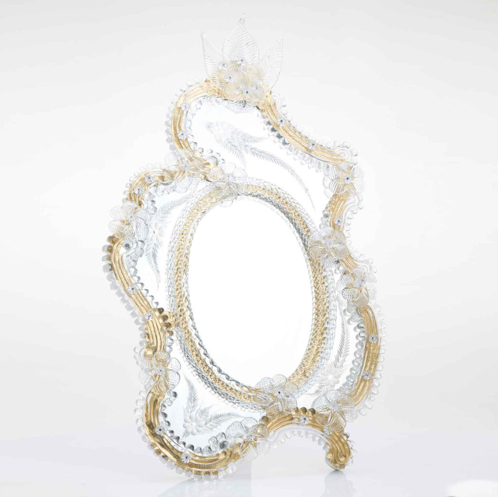 Elegante specchio artigianale da tavolo "Ibisco" con riflessi Oro e dettagli floreali in Cristallo