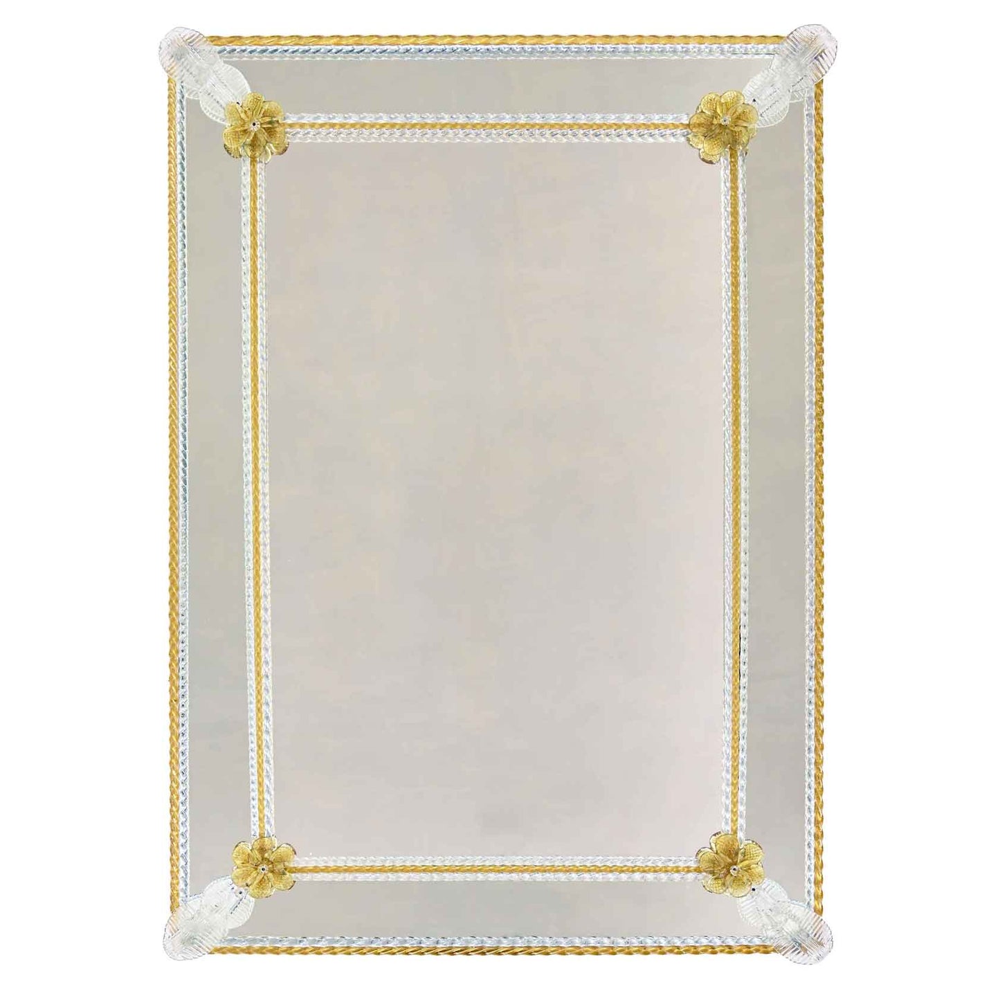 specchio veneziano rettangolare con fasce specchiate non incise, fiori, canne e foglie in vetro di murano di colore cristallo/oro su fondo argento