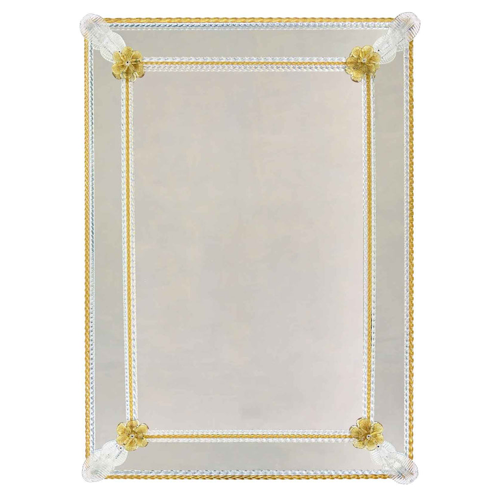 specchio veneziano rettangolare con fasce specchiate non incise,  fiori, canne e foglie in vetro di murano di colore cristallo/oro su fondo argento