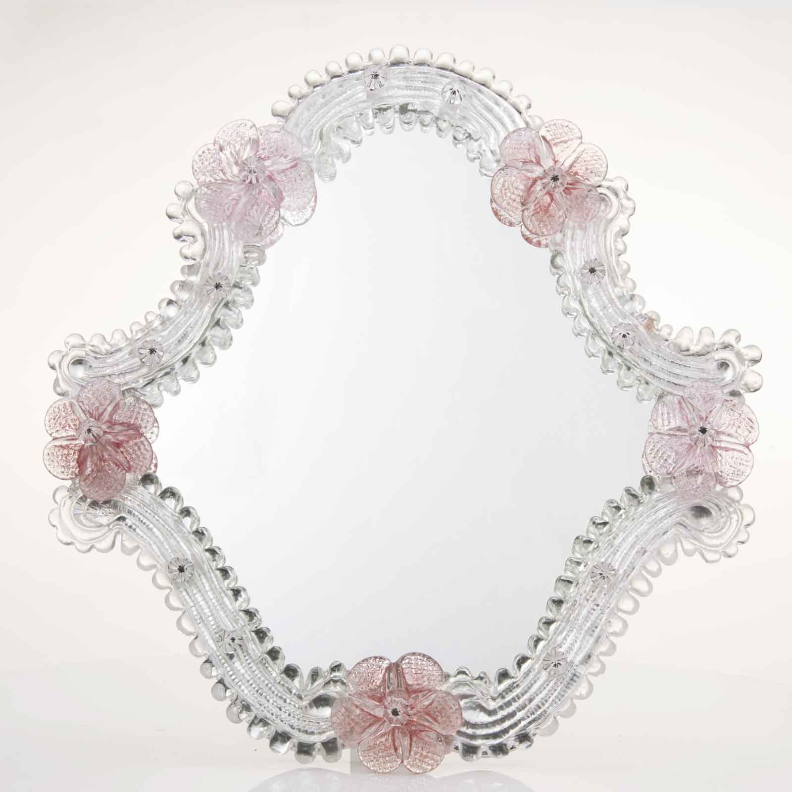 Elegante specchio artigianale da tavolo "Lavanda" con riflessi Argento e dettagli floreali di colore rosa
