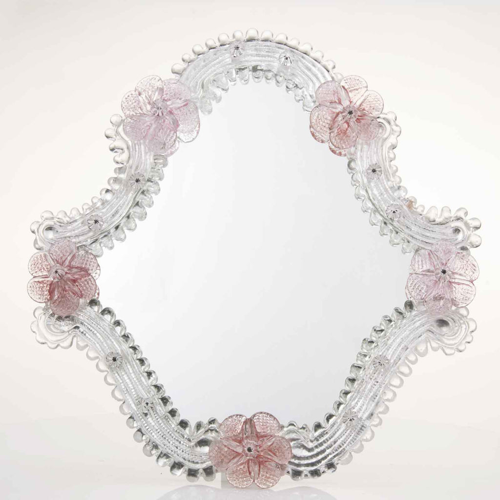 Elegante specchio artigianale da tavolo "Lavanda" con riflessi Argento e dettagli floreali di colore rosa