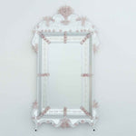 Load image into Gallery viewer, specchio veneziano classico con fasce incise a mano e fiori, foglie e ricci lavorati a mano in vetro di murano di colore rosa e cristallo su fondo argento
