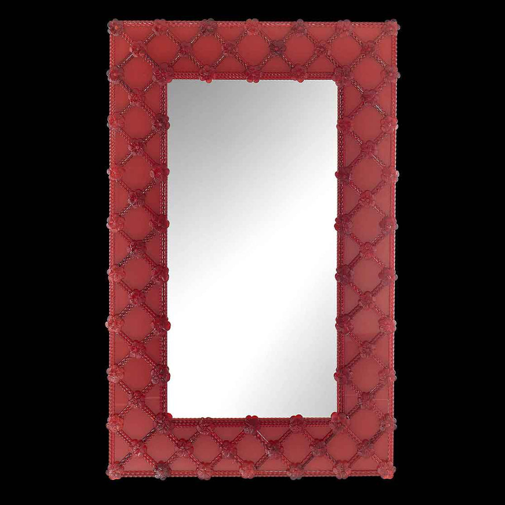 specchio veneziano rettangolare con cornice composta da fiori e canne in vetro di murano di colore rosso
