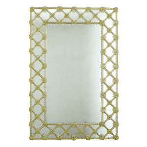 specchio veneziano rettangolare con cornice composta da con fiori e canne in vetro di murano di colore oro su fondo argento