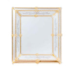Load image into Gallery viewer, specchio veneziano rettangolare con fasce incise a mano e canne, foglie e fiori in vetro di murano di colore cristallo su fondo oro
