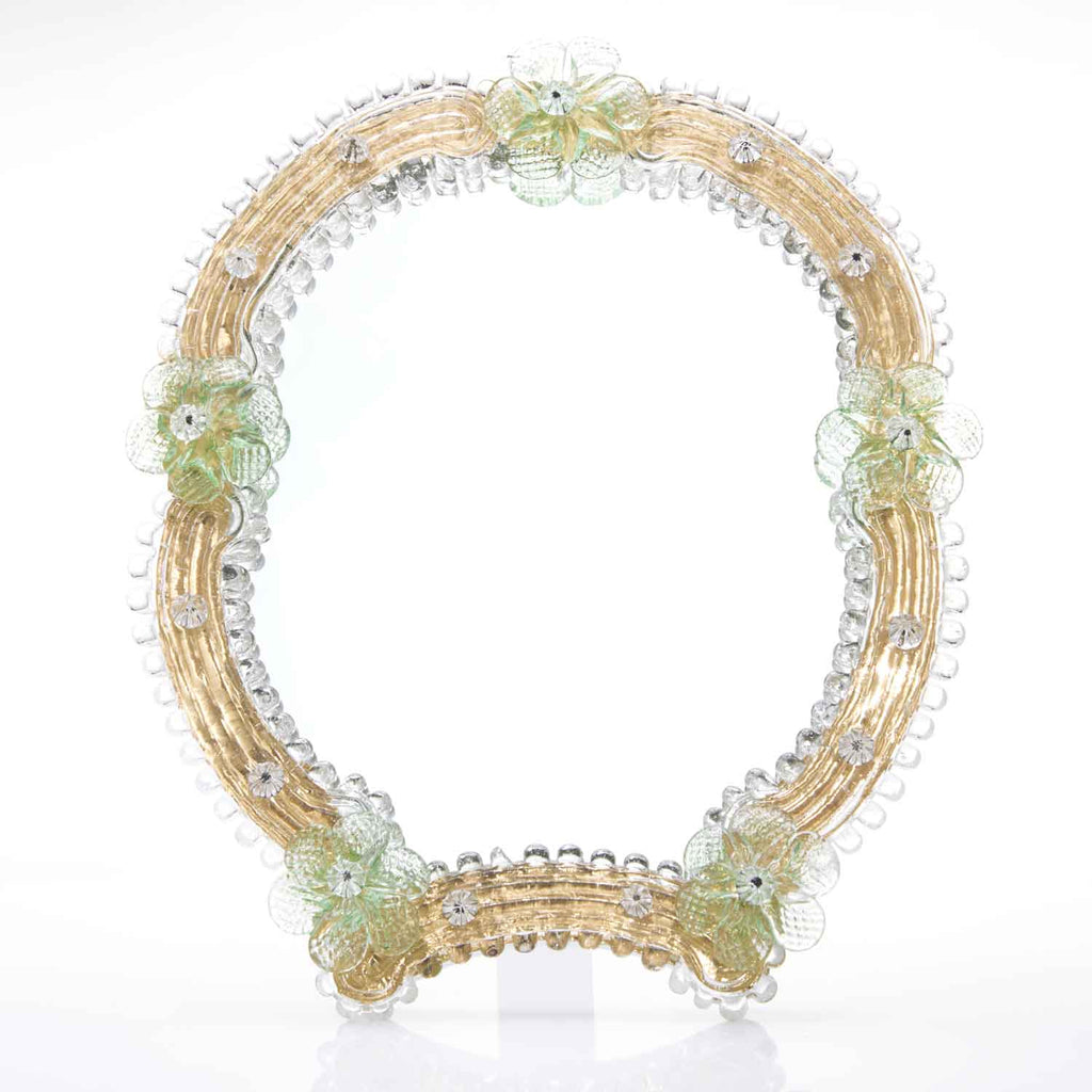Elegante specchio artigianale da tavolo "Ortensia" con riflessi Oro e dettagli floreali di colore verde