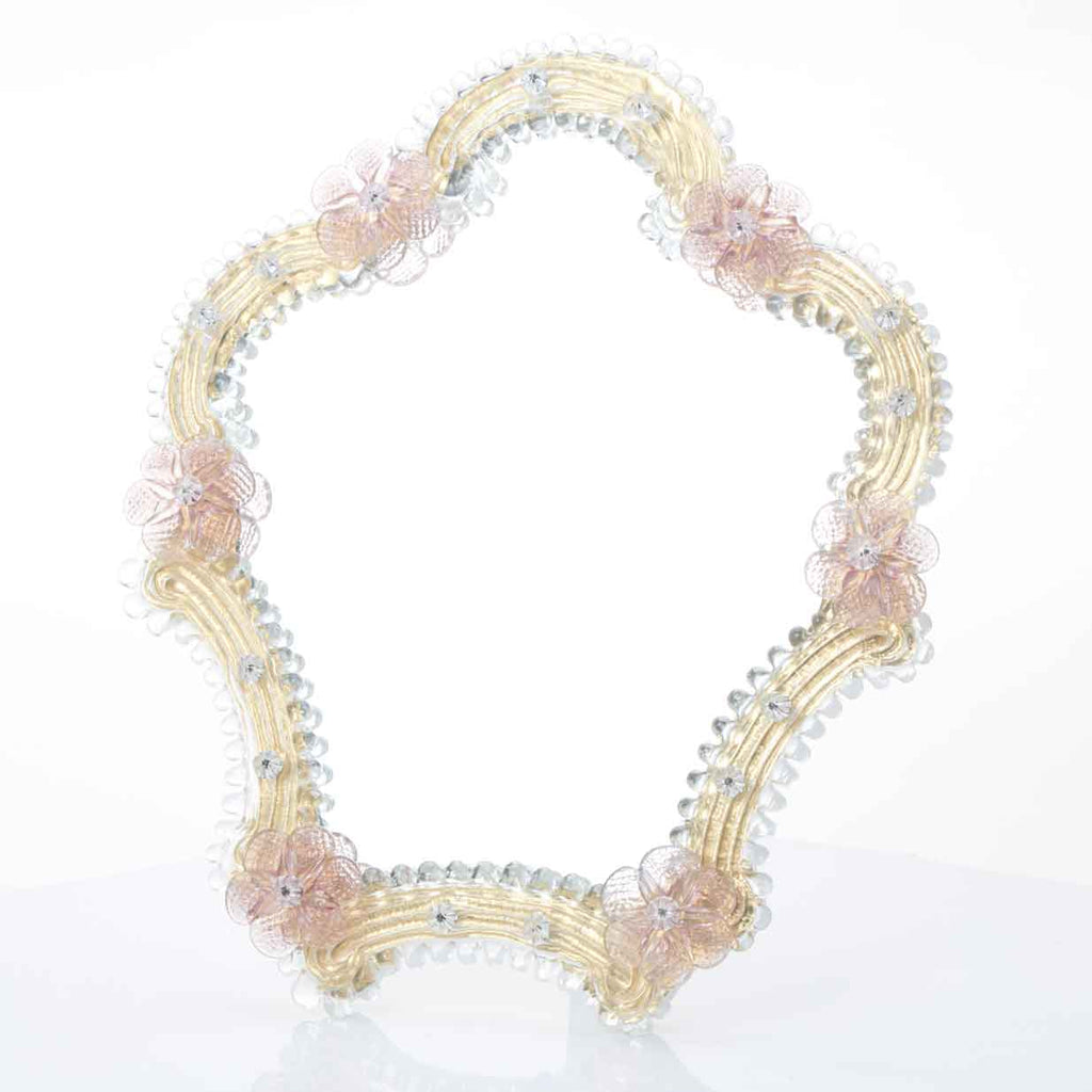 Elegante specchio artigianale da tavolo "Petunia" con riflessi Oro e dettagli floreali di colore rosa