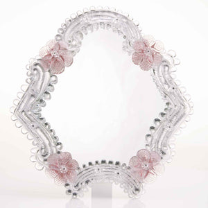 Elegante specchio artigianale da tavolo "Primula" con riflessi Argento e dettagli floreali di colore rosa