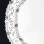 Load image into Gallery viewer, fascia incisa a mano di specchio veneziano circolare con ricci e fiori in vetro di murano di colore cristallo e grigio su fondo argento
