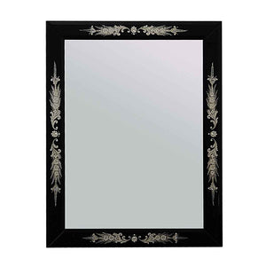 specchio veneziano rettangolare dal design moderno con fasce laterali incise a mano su fondo nero