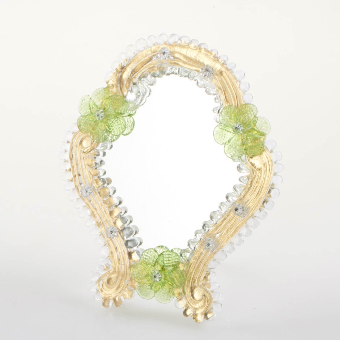 Elegante specchio artigianale da tavolo "Calla" con riflessi Oro e dettagli floreali di colore verde