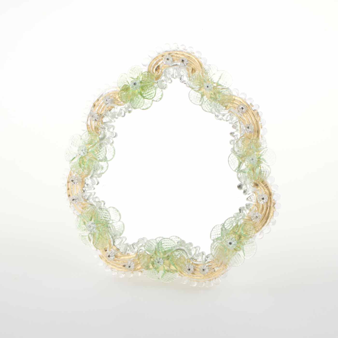 Elegante specchio artigianale da tavolo "Rosa" con riflessi Oro e dettagli floreali di colore verde