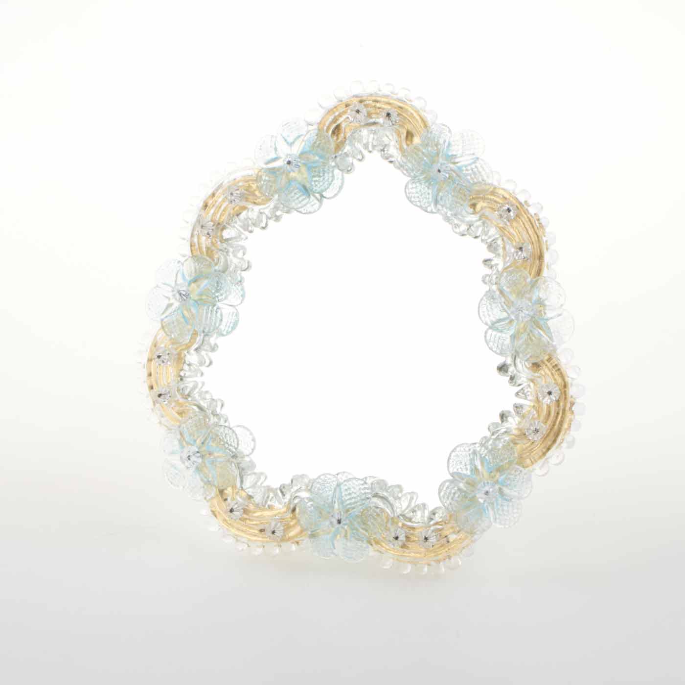 Elegante specchio artigianale da tavolo "Rosa" con riflessi Oro e dettagli floreali di colore azzurro