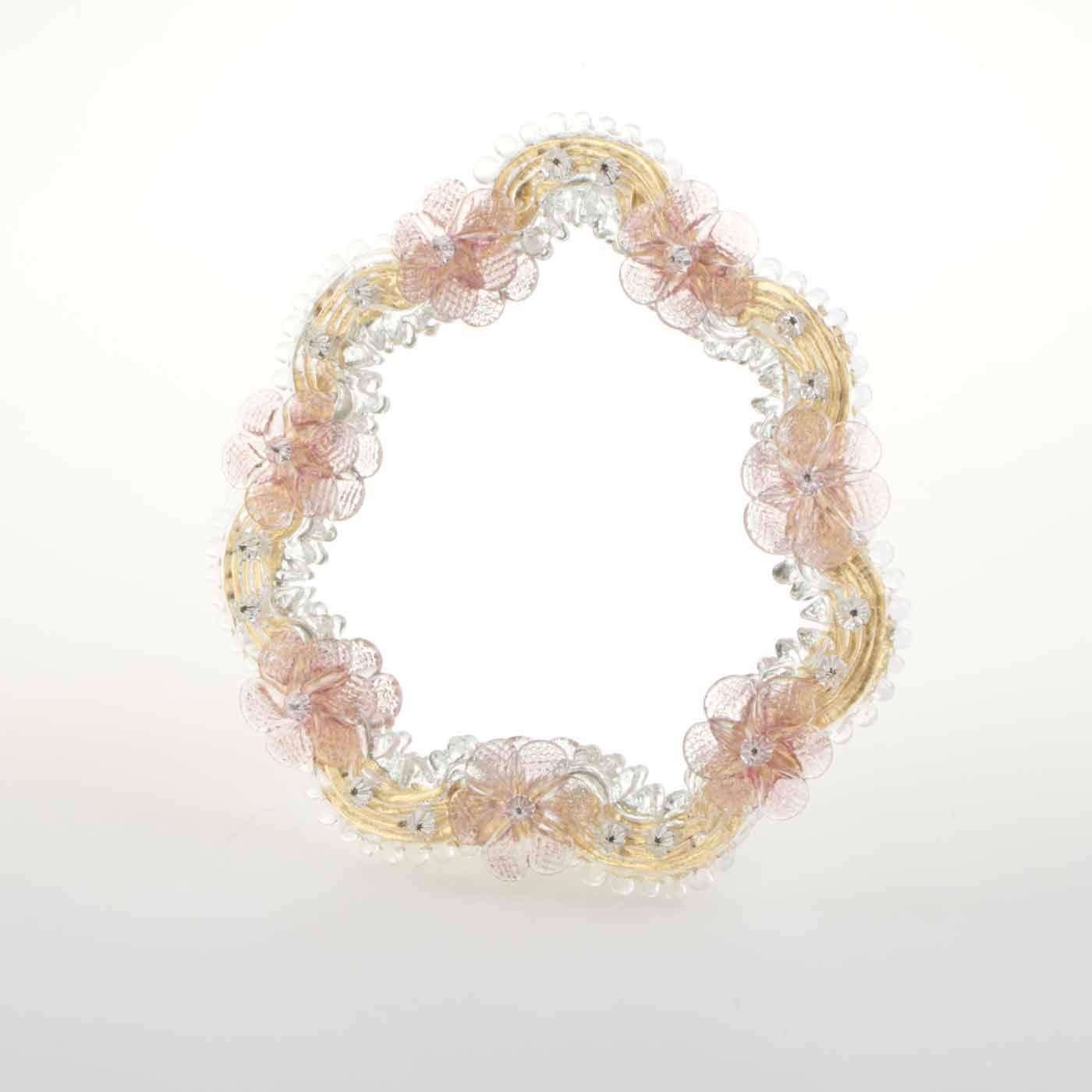 Elegante specchio artigianale da tavolo "Rosa" con riflessi Oro e dettagli floreali di colore rosa
