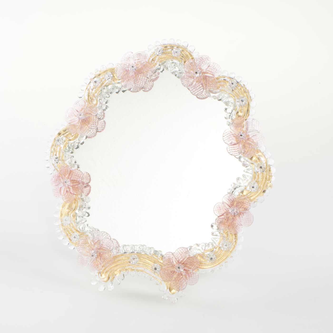 Elegante specchio artigianale da tavolo "Gardenia" con riflessi Oro e dettagli floreali di colore rosa