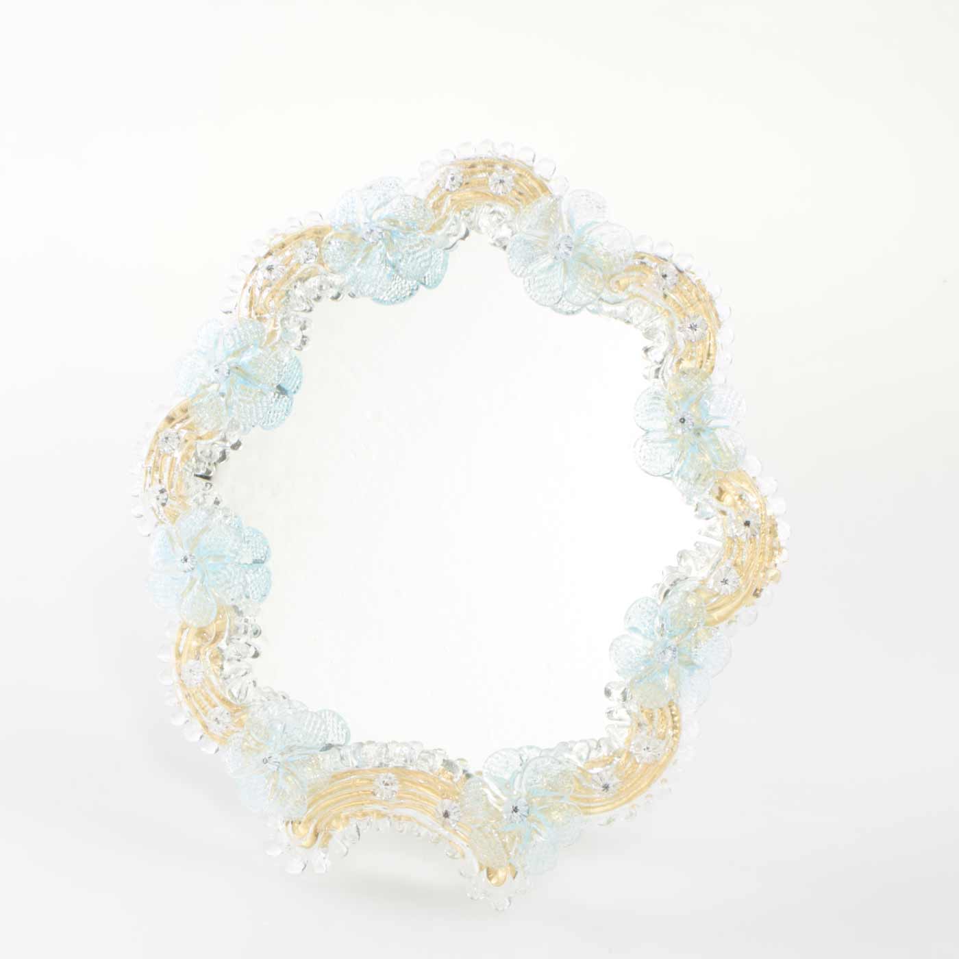Elegante specchio artigianale da tavolo "Gardenia" con riflessi Oro e dettagli floreali di colore azzurro
