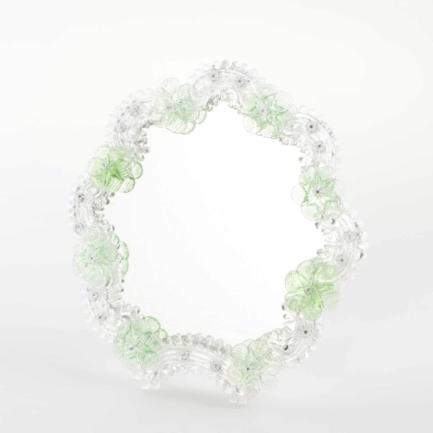 Elegante specchio artigianale da tavolo "Gardenia" con riflessi Argento e dettagli floreali di colore verde