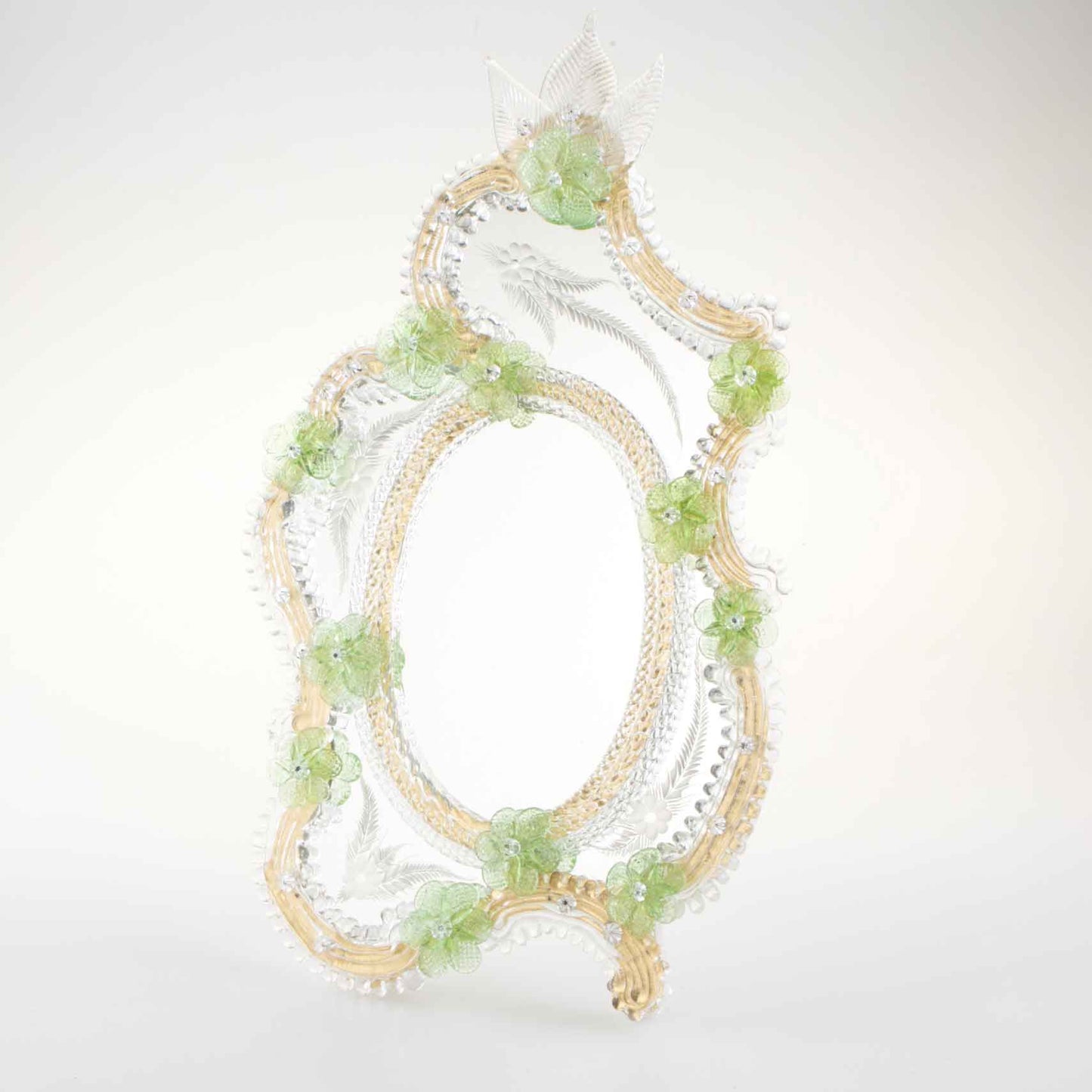 Elegante specchio artigianale da tavolo "Ibisco" con riflessi Oro e dettagli floreali di colore verde