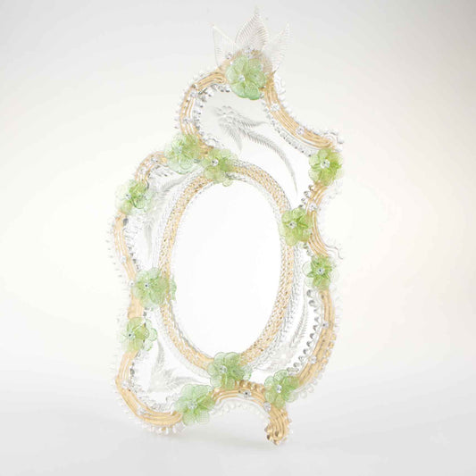 Elegante specchio artigianale da tavolo "Ibisco" con riflessi Oro e dettagli floreali di colore verde