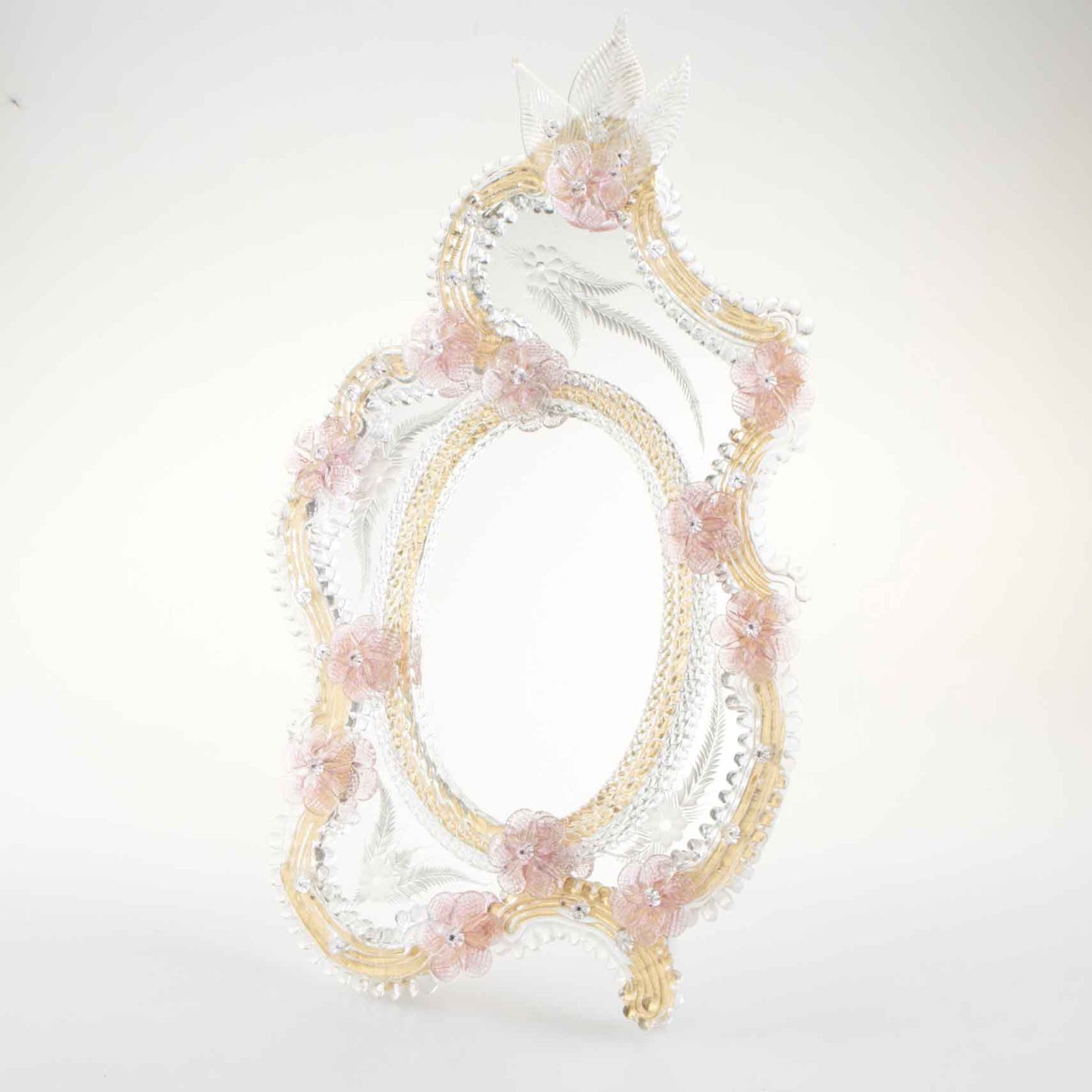Elegante specchio artigianale da tavolo "Ibisco" con riflessi Oro e dettagli floreali di colore rosa