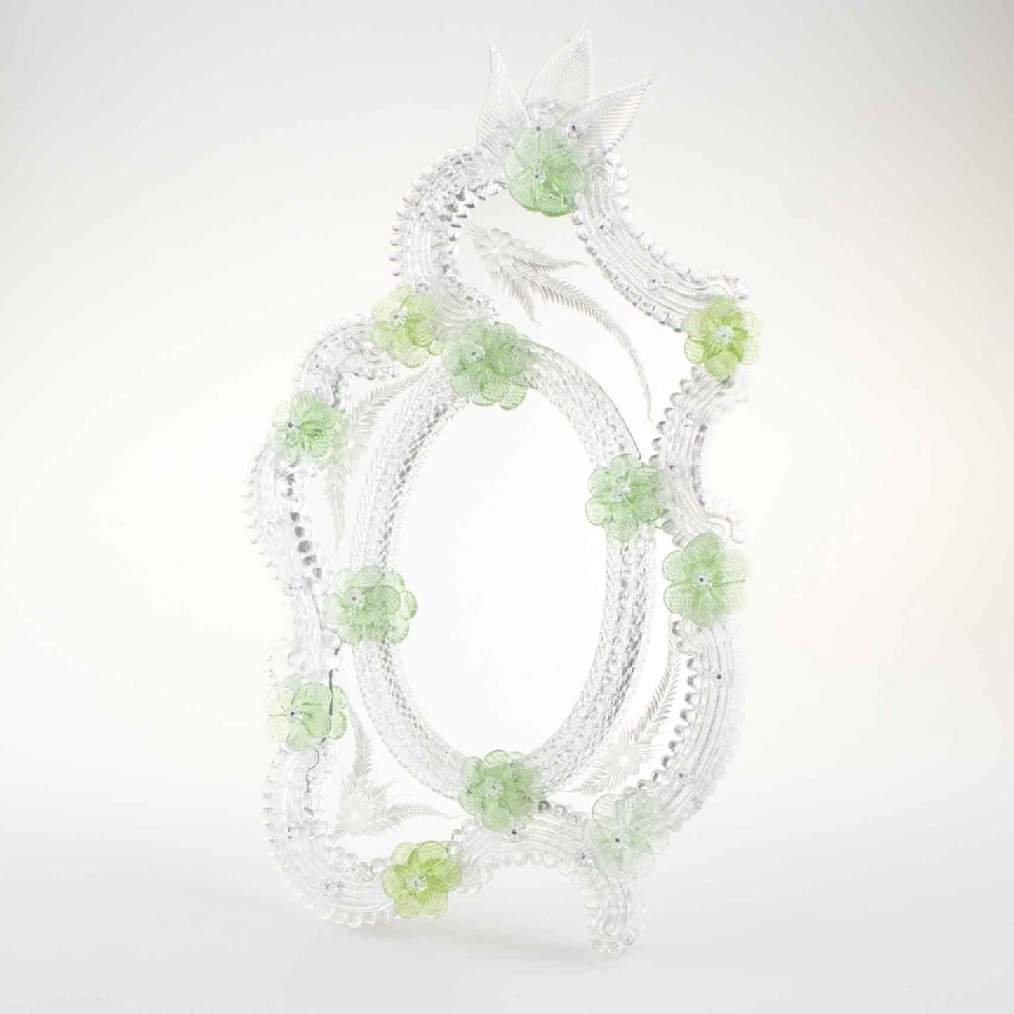 Elegante specchio artigianale da tavolo "Ibisco" con riflessi Argento e dettagli floreali di colore verde