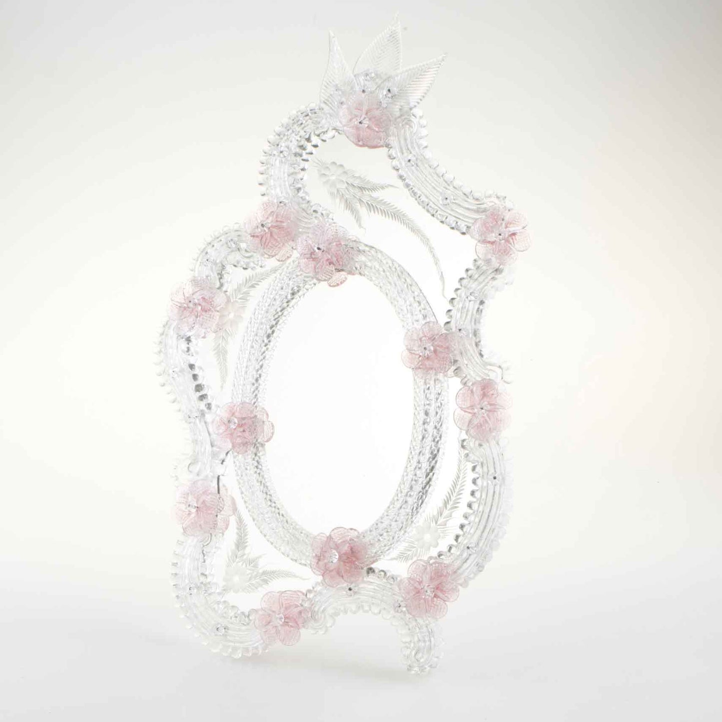 Elegante specchio artigianale da tavolo "Ibisco" con riflessi Argento e dettagli floreali di colore rosa