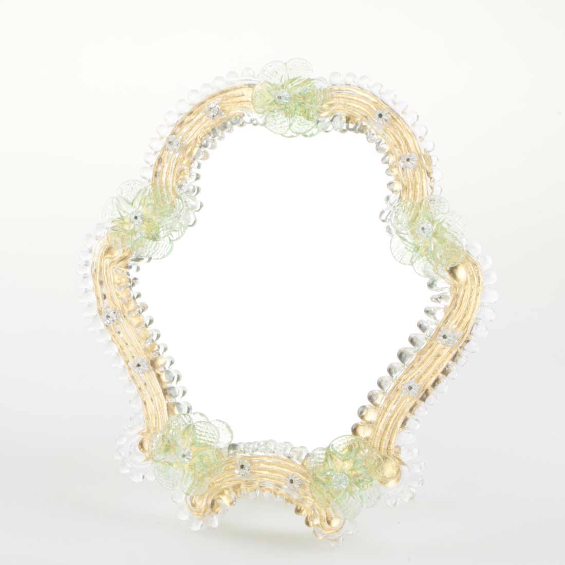 Elegante specchio artigianale da tavolo "Iris" con riflessi Oro e dettagli floreali di colore verde