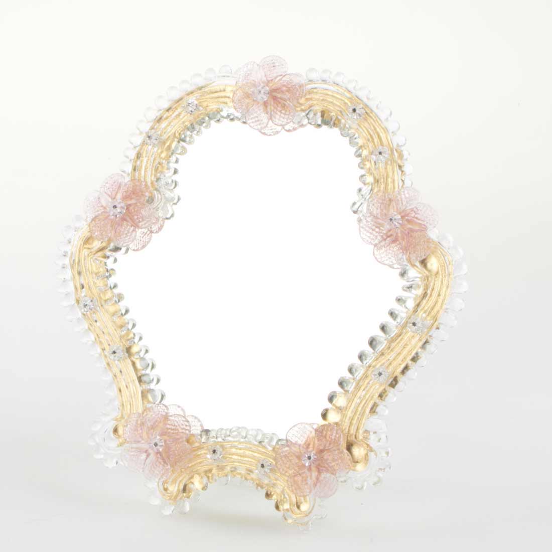 Elegante specchio artigianale da tavolo "Iris" con riflessi Oro e dettagli floreali di colore rosa