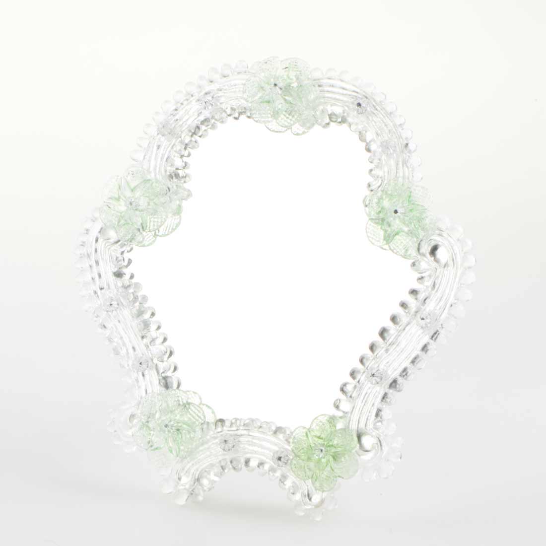 Elegante specchio artigianale da tavolo "Iris" con riflessi Argento e dettagli floreali di colore verde