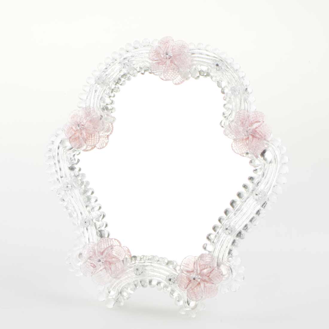 Elegante specchio artigianale da tavolo "Iris" con riflessi Argento e dettagli floreali di colore rosa
