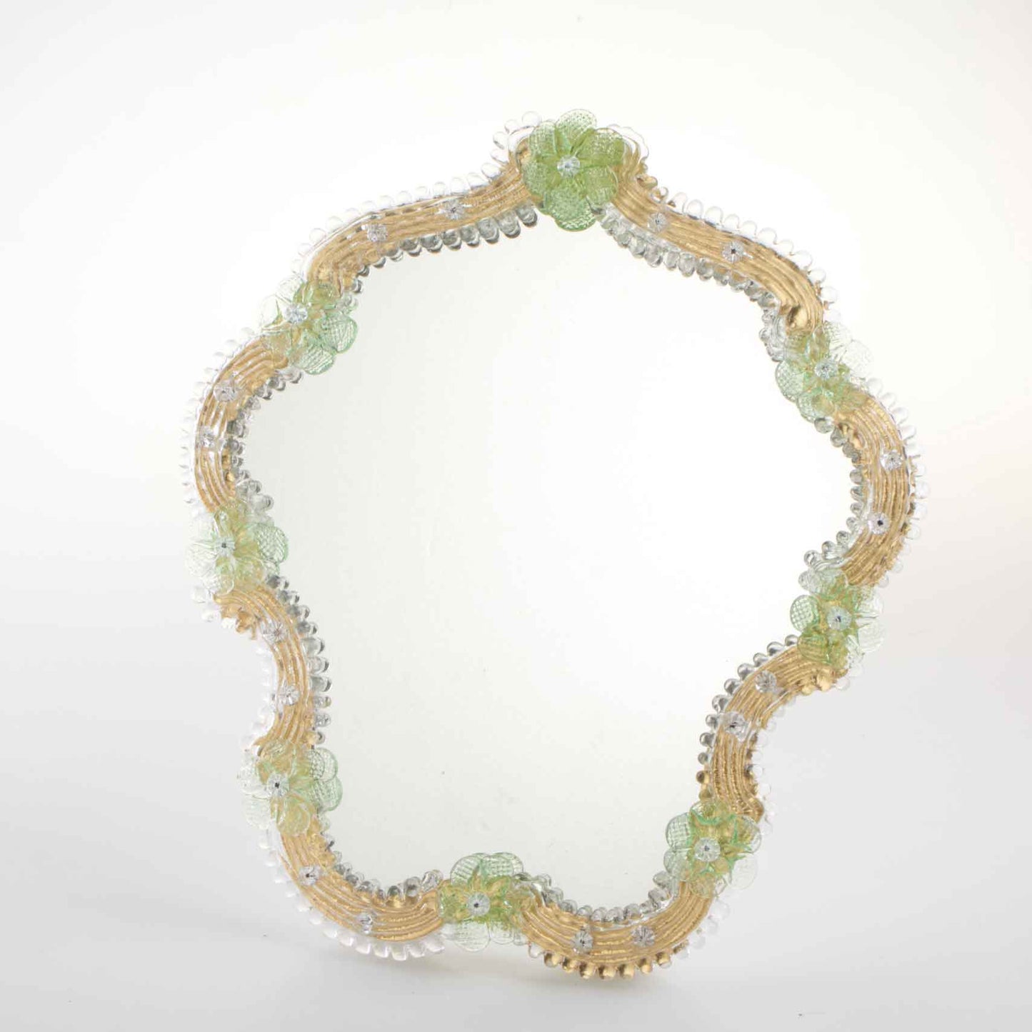 Elegante specchio artigianale da tavolo "Loto" con riflessi Oro e dettagli floreali di colore verde