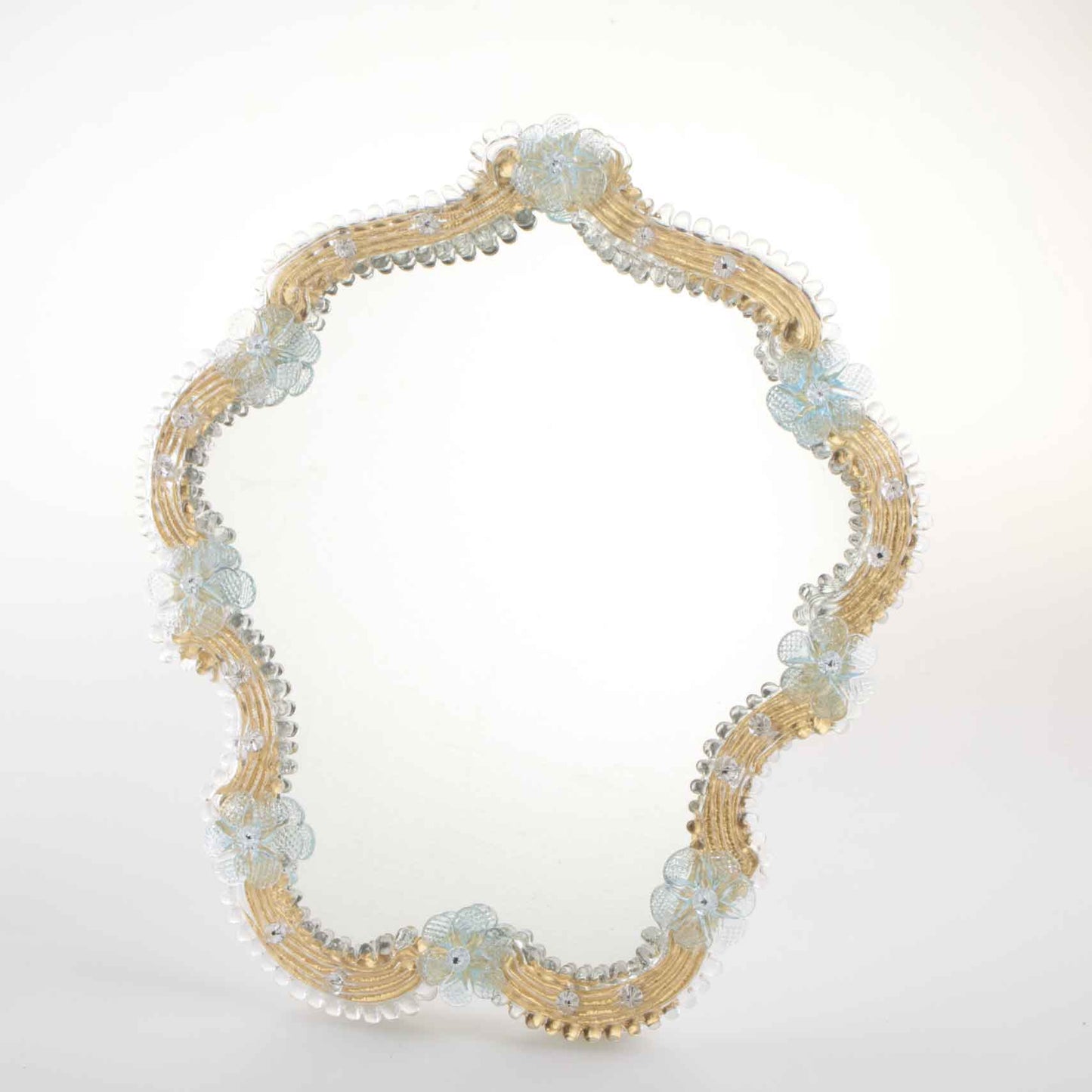 Elegante specchio artigianale da tavolo "Loto" con riflessi Oro e dettagli floreali di colore azzurro