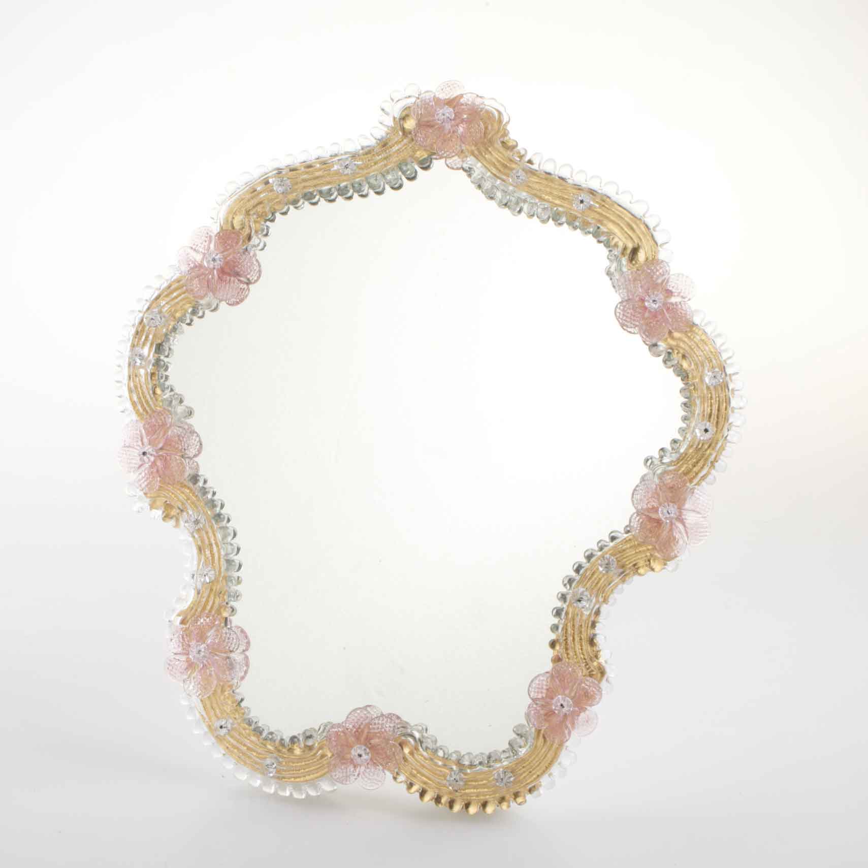 Elegante specchio artigianale da tavolo "Loto" con riflessi Oro e dettagli floreali di colore rosa