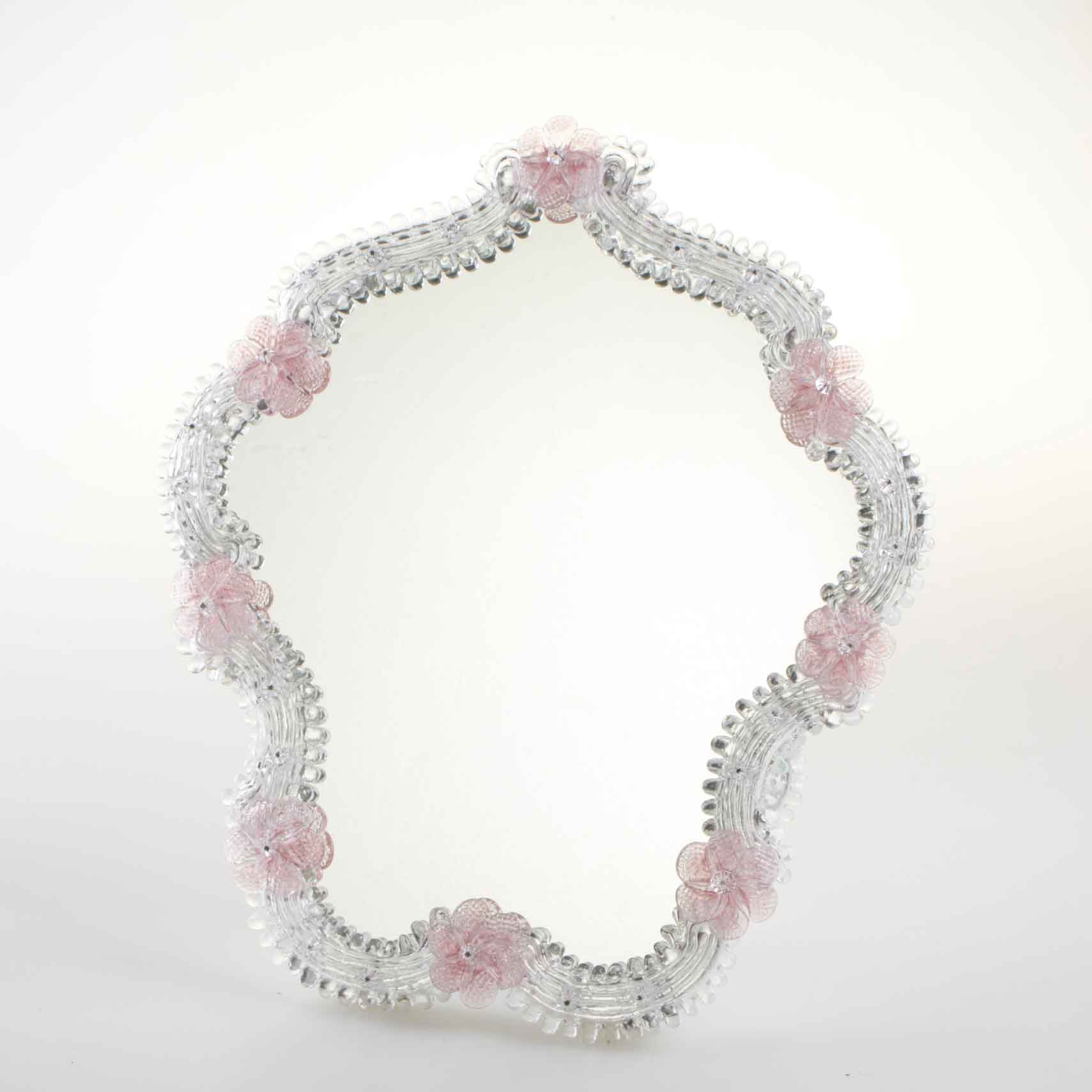 Elegante specchio artigianale da tavolo "Loto" con riflessi Argento e dettagli floreali di colore rosa