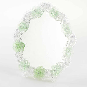 Elegante specchio artigianale da tavolo "Narciso" con riflessi Argento e dettagli floreali di colore verde